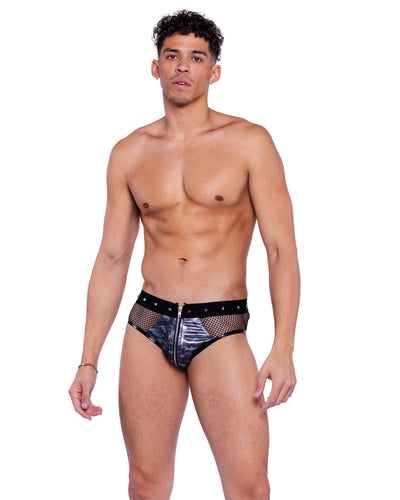 6528 - Shimmer Camouflage & Fishnet Zip-Up Briefs - AMIClubwear