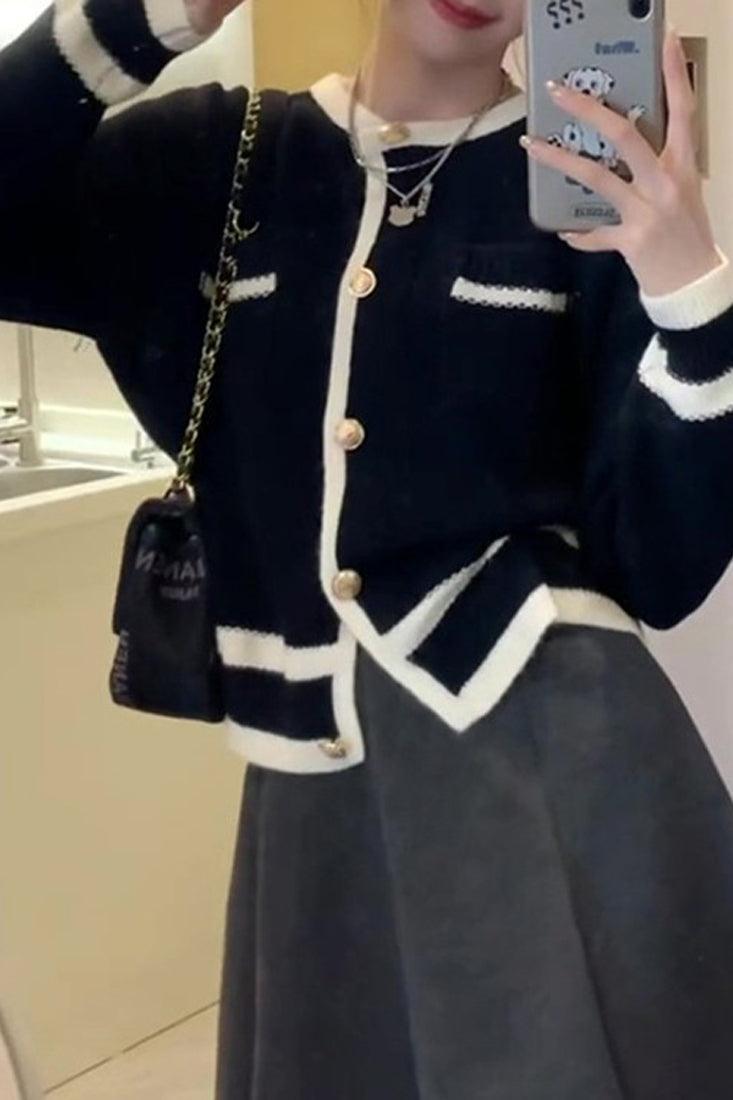Black White Designer Inspired Botton Sweater Cardigan Jacket - AMIClubwear