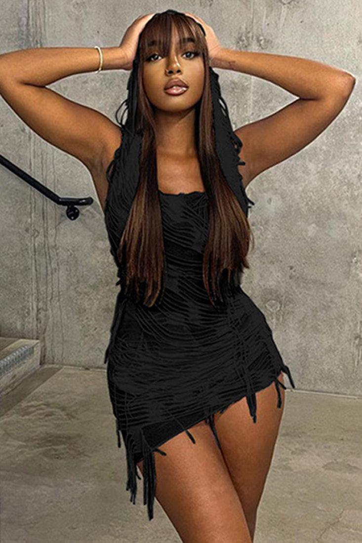 Black String Textured Fabric Hooded Backless Party Dress - AMIClubwear