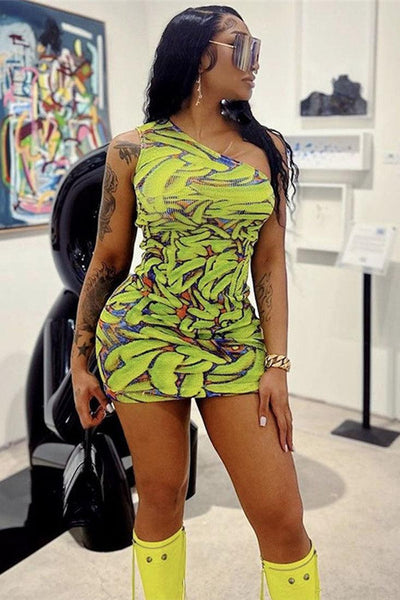 Lime Green Printed One Shoulder Ribbed Fitted Sexy Dress - AMIClubwear