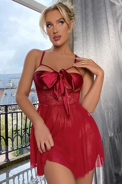 Red Mesh Unwrap Me Bow Tie Sexy Slip Lingerie Dress Set With Thong 7011