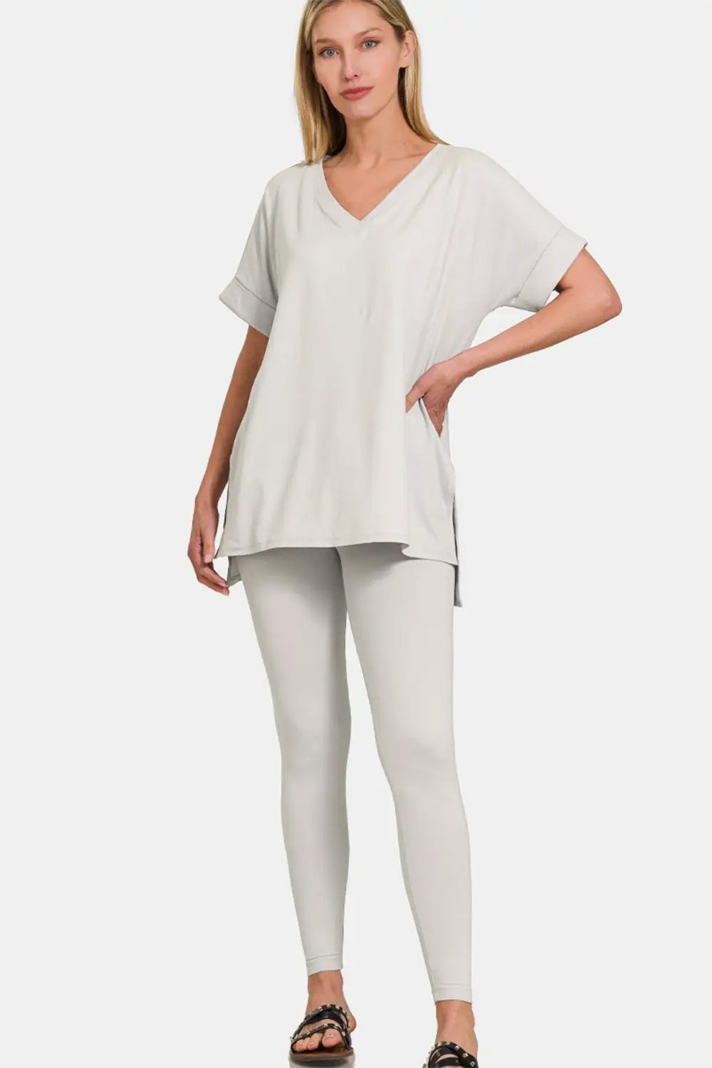 Zenana Good Mood Vibes Microfiber Round Neck Top and Leggings Set in Ash Mocha
