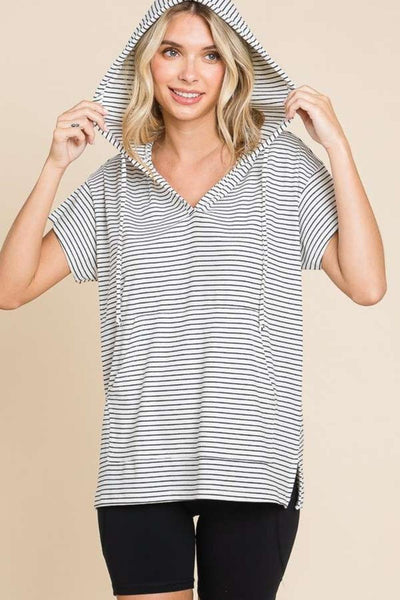 Culture Code Full Size Striped Short Sleeve Hooded Top - AMIClubwear