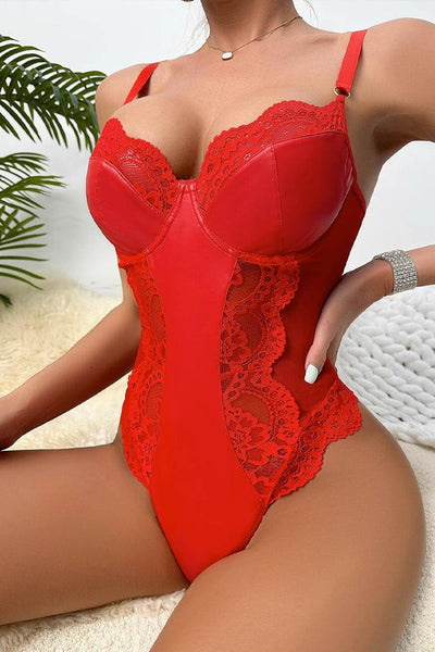 Red Faux Leather Lace Sides Sexy Thong Lingerie Bodysuit