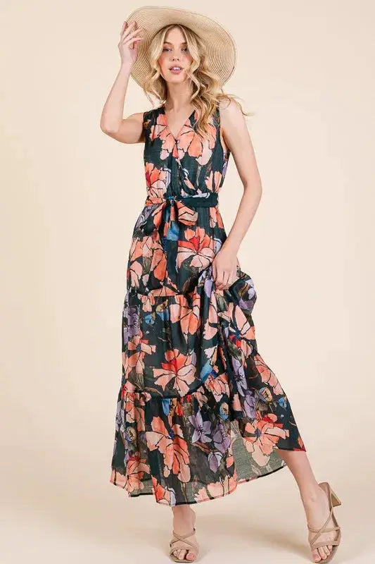 Printed Sleeveless Tie Waist Maxi Dress