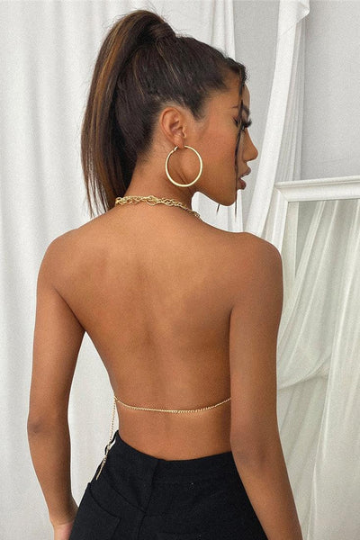 Gold Metal Chain Halter Crop Clip Closure Sexy Party Top - AMIClubwear