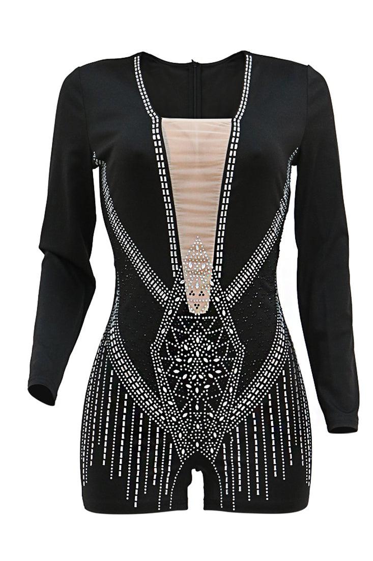 Black Long Sleeves Rhinestone Nude Mesh Plunging Neck Sexy Party Romper