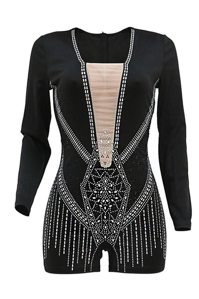 Black Long Sleeves Rhinestone Nude Mesh Plunging Neck Sexy Party Romper