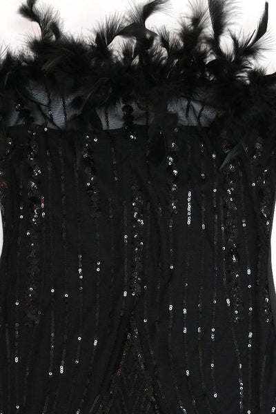 Black Sequin Strapless Feather Sheer Mesh Sexy Holiday Party Dress