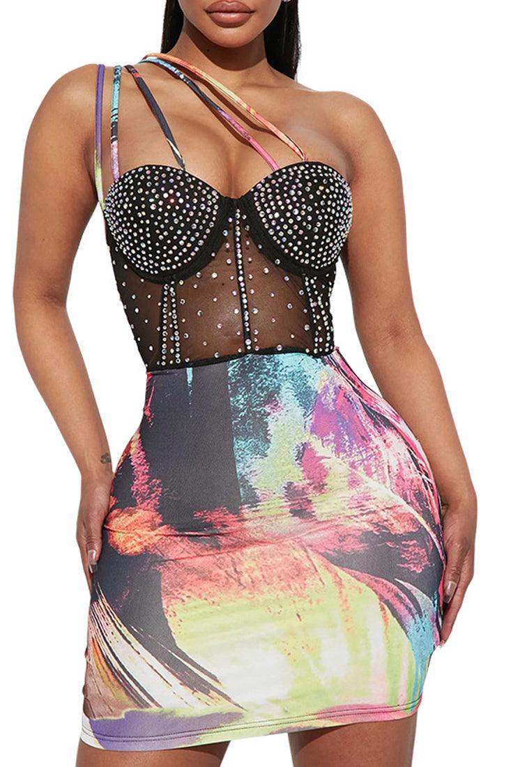 Multi Printed Black Mesh Rhinestones Padded Push Up Sexy Strappy Party Dress - AMIClubwear