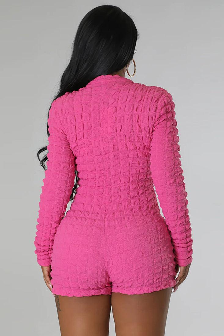 Pink Textured Long Sleeves Zipper Stretchy Fitted Sexy Shorts Romper - AMIClubwear