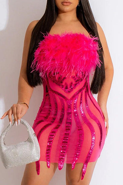 Pink Feather Sequins Strapless Mesh Sexy Party Holiday Dress