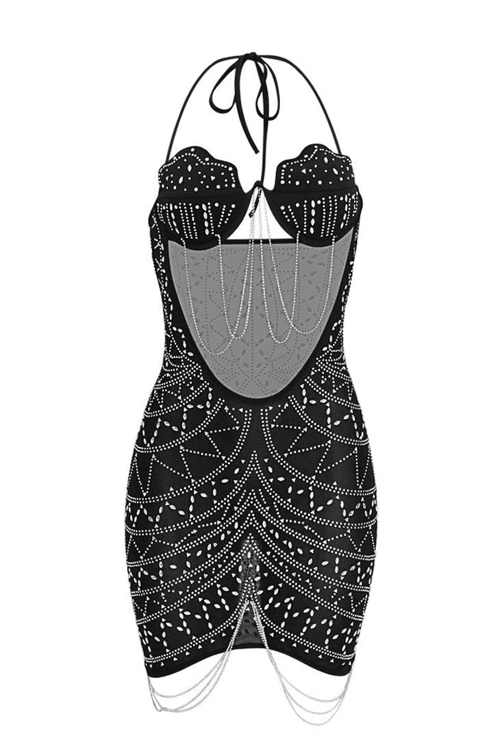 Black V-Wire Shell Shape Push Up Cut-Out Mesh Rhinestone Chain Sexy Party Dress - AMIClubwear