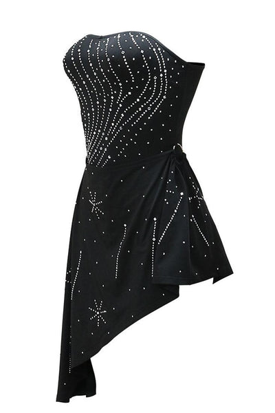Black Strapless Silver Rhinestone O-Ring Side Cut-Out Asymmetrical Sexy Party Dress 900707