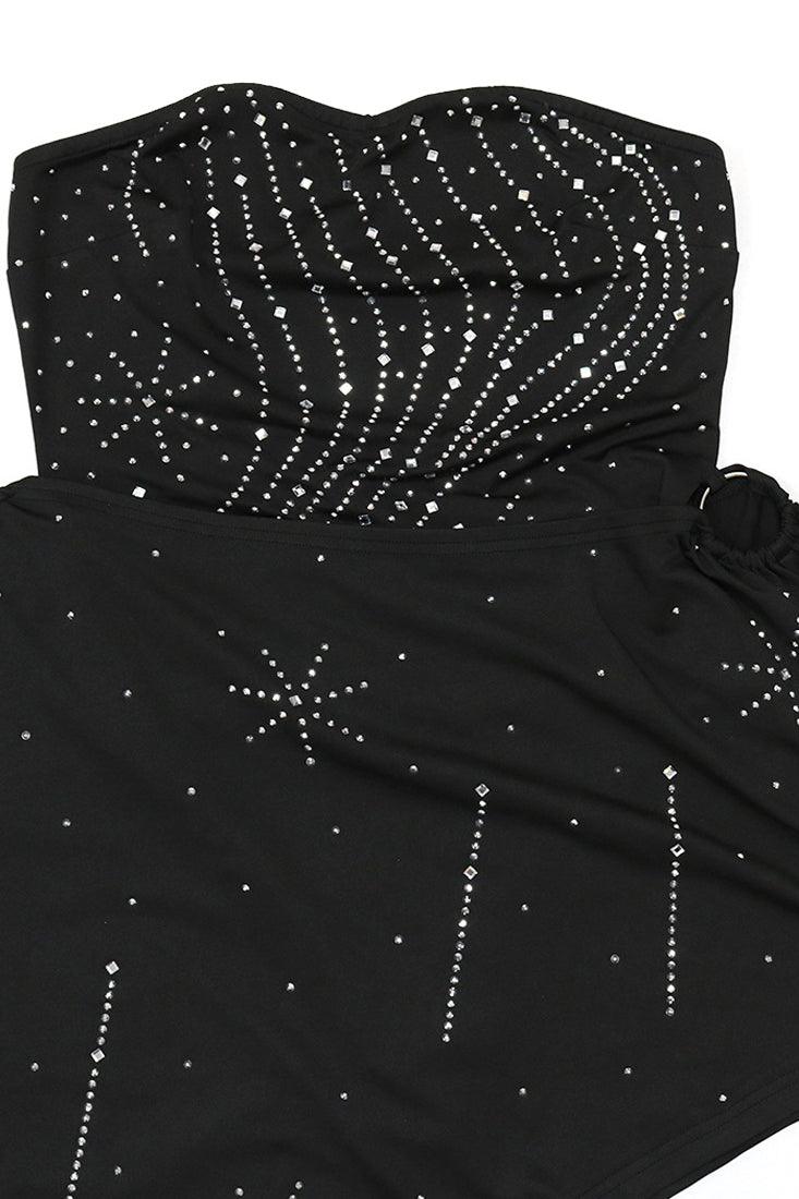 Black Strapless Silver Rhinestone O-Ring Side Cut-Out Asymmetrical Sexy Party Dress 900707 - AMIClubwear