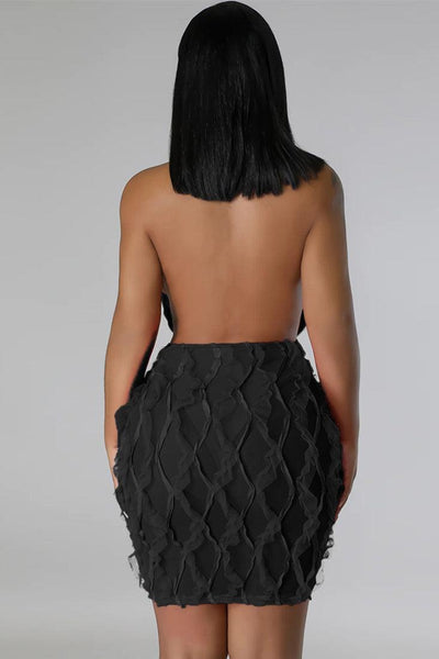 Black Textured Plunging Halter Sexy Backless Party Dress - AMIClubwear