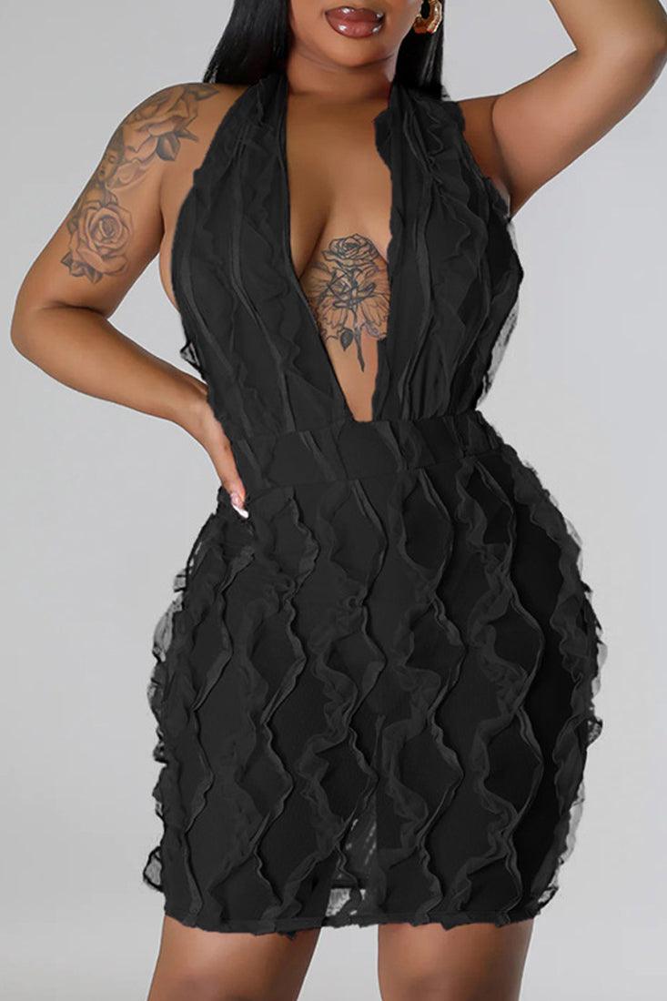 Black Textured Plunging Halter Sexy Backless Party Dress - AMIClubwear