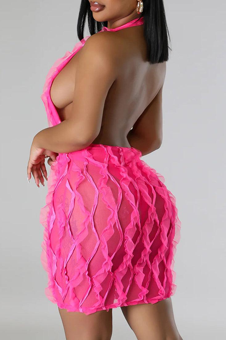 Pink Textured Plunging Halter Sexy Backless Party Dress - AMIClubwear