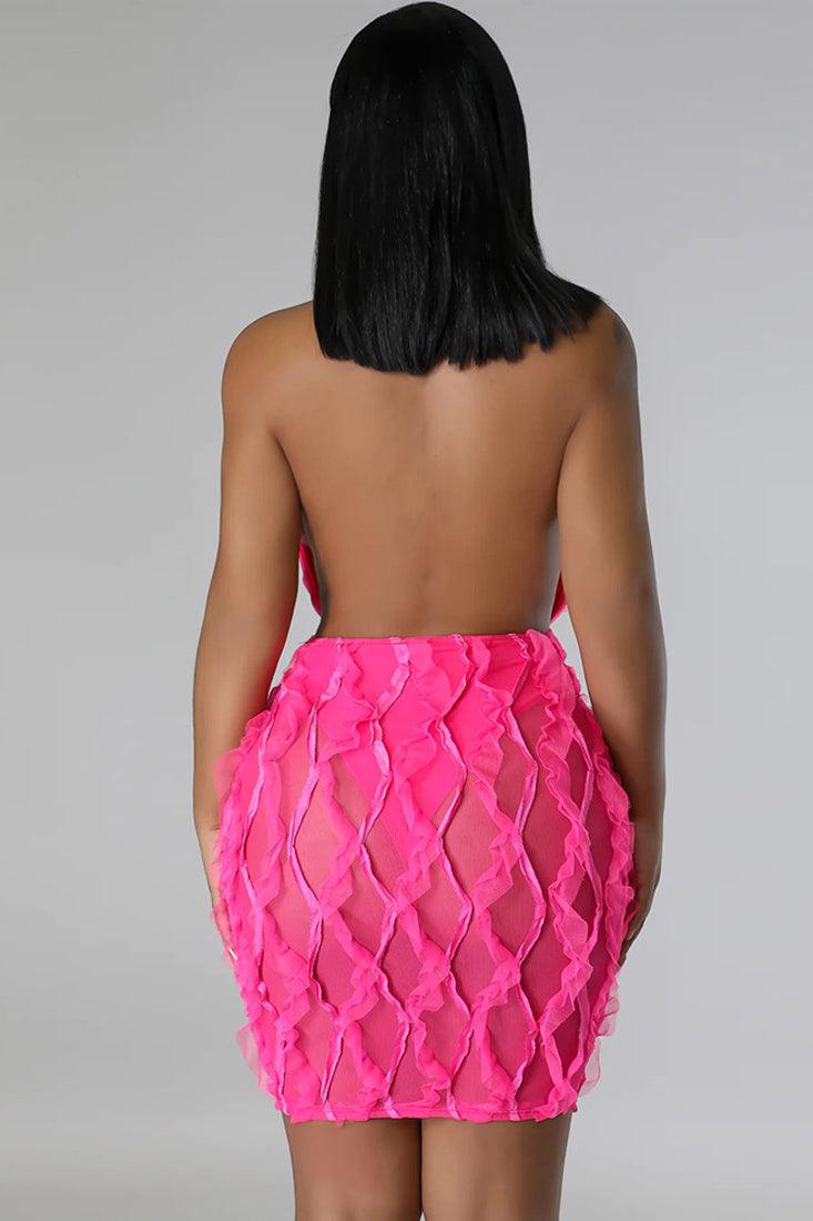 Pink Textured Plunging Halter Sexy Backless Party Dress - AMIClubwear