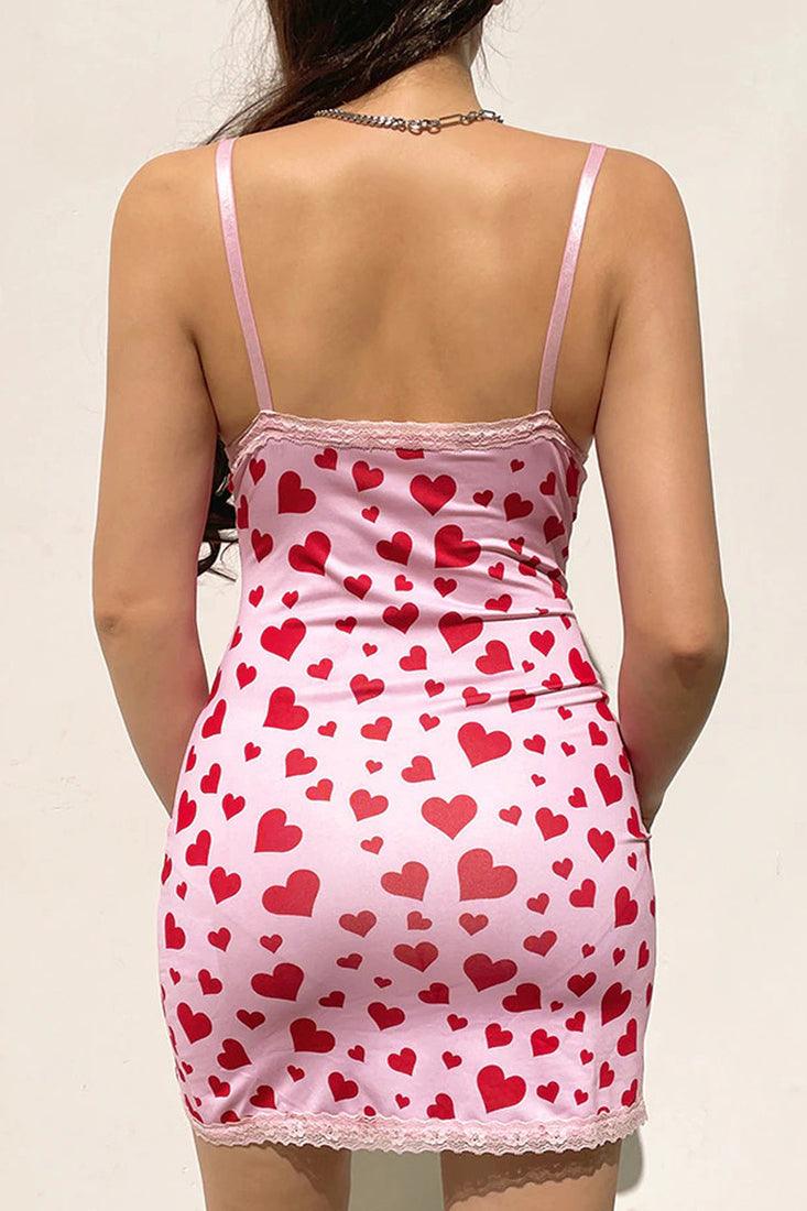 Pink Red Heart Print Lace Sleeveless Slits Fitted Sexy Dress