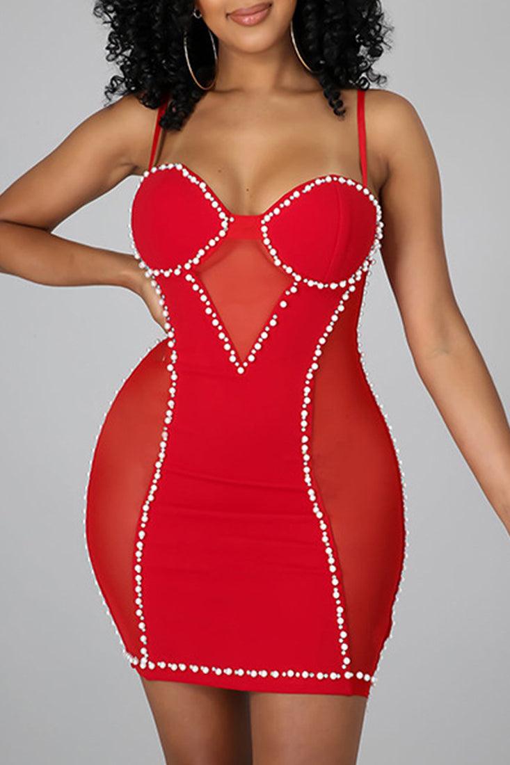 Red Pearl Padded Push Up Cut Out Mesh Spaghetti Straps Sexy Dress - AMIClubwear