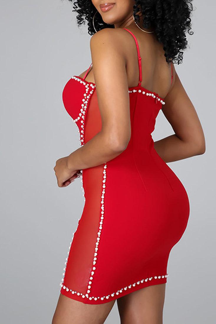 Red Pearl Padded Push Up Cut Out Mesh Spaghetti Straps Sexy Dress