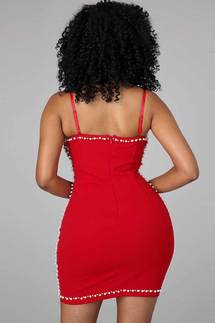 Red Pearl Padded Push Up Cut Out Mesh Spaghetti Straps Sexy Dress - AMIClubwear