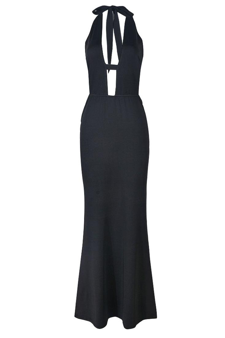 Black Halter Strappy Cut-Out Full Length Maxi Mermaid Party Dress