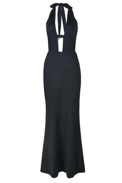 Black Halter Strappy Cut-Out Full Length Maxi Mermaid Party Dress - AMIClubwear