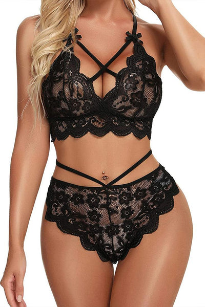 Black Lace Strappy Top Thong 2Pc Sexy Lingerie Set - AMIClubwear