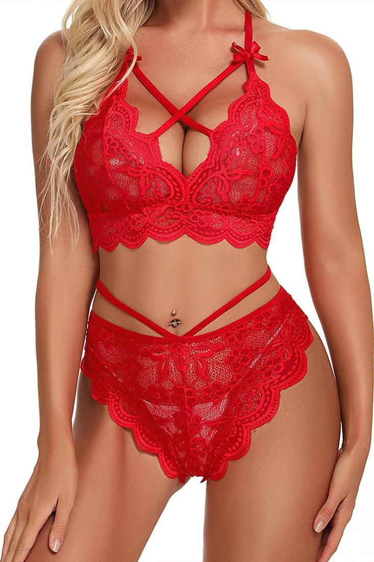 Red Lace Strappy Top Thong 2Pc Sexy Lingerie Set - AMIClubwear
