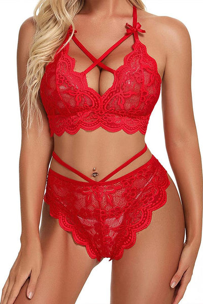 Red Lace Strappy Top Thong 2Pc Sexy Lingerie Set - AMIClubwear