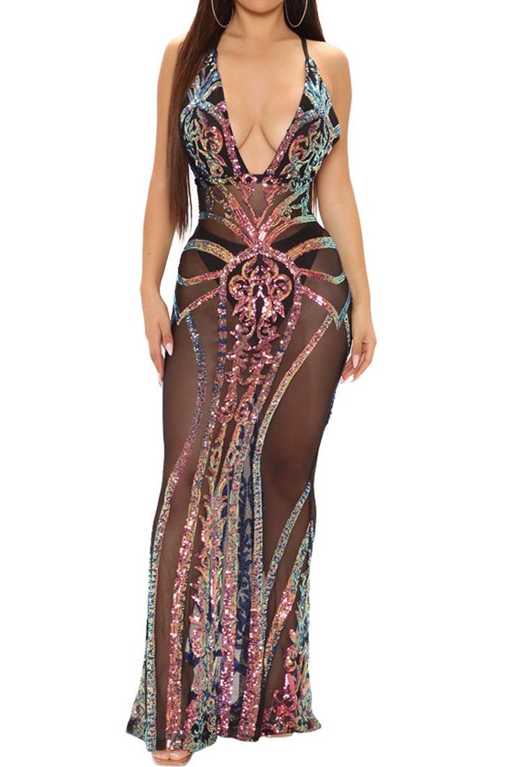 Black Mermaid Holographic Plunging Full Length Maxi Sexy Party Dress