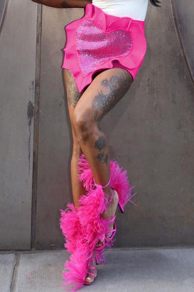 Pink Rhinestone Heart Shaped Ruffle Sexy Mini Skirt - AMIClubwear