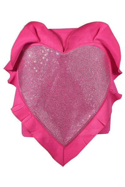 Pink Rhinestone Heart Shaped Ruffle Sexy Mini Skirt - AMIClubwear