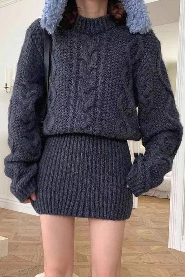 Grey Chunky Knit Long Sleeves Fitted Bottom Sexy Sweater Dress - AMIClubwear