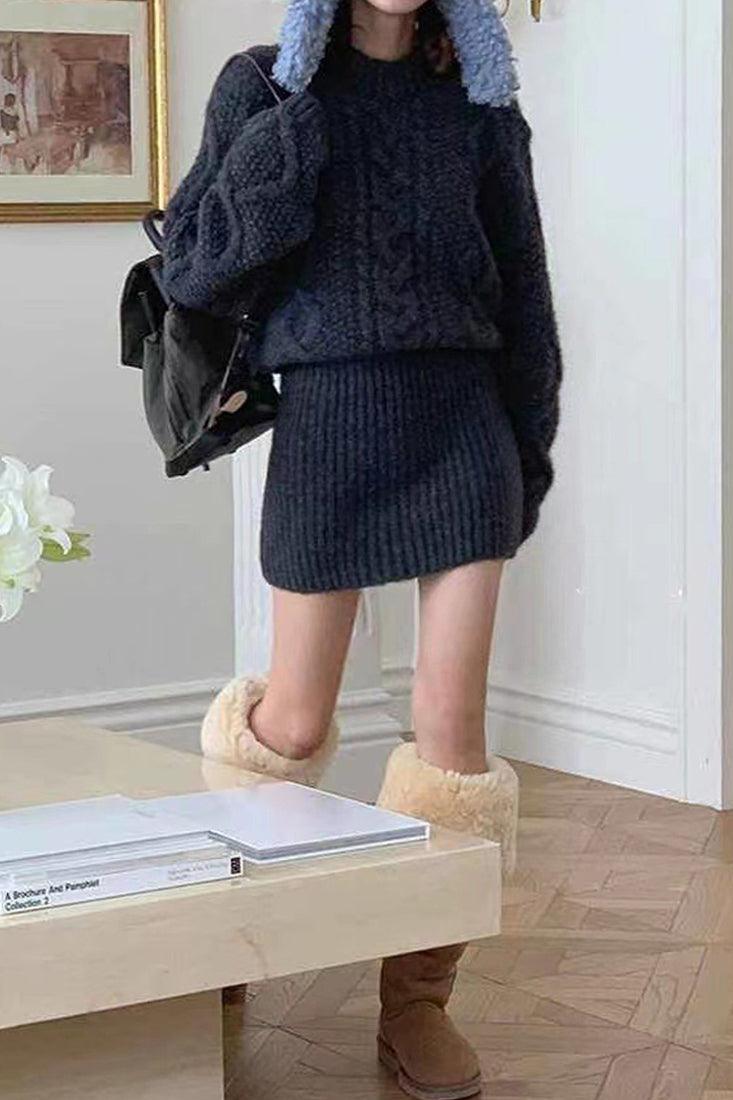 Grey Chunky Knit Long Sleeves Fitted Bottom Sexy Sweater Dress