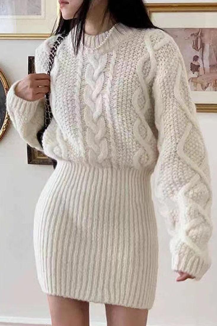 White Chunky Knit Long Sleeves Fitted Bottom Sexy Sweater Dress