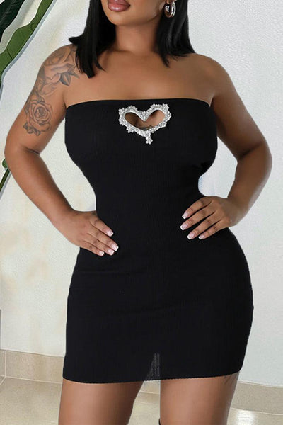 Black Strapless Rhinestone Heart Sexy Fitted Dress - AMIClubwear