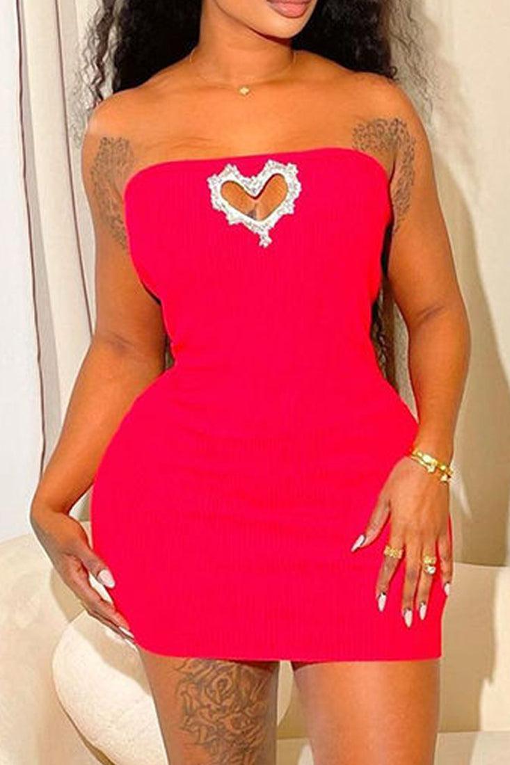 Red Strapless Rhinestone Heart Sexy Fitted Dress - AMIClubwear