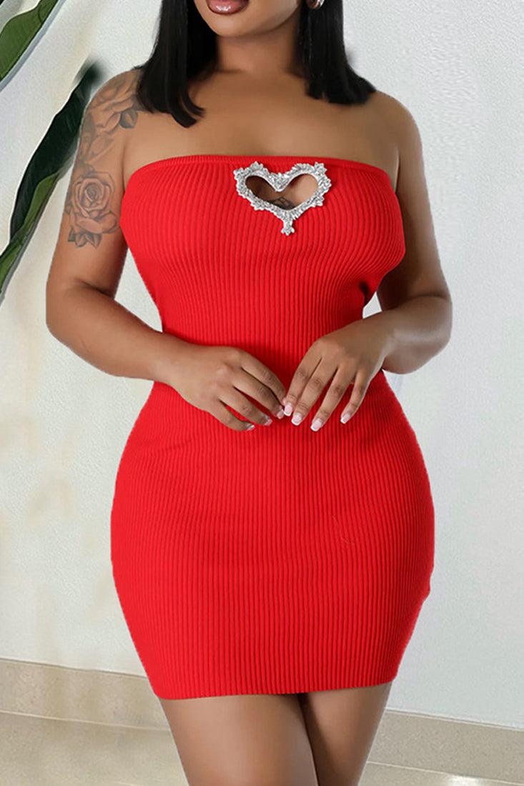 Red Strapless Rhinestone Heart Sexy Fitted Dress - AMIClubwear
