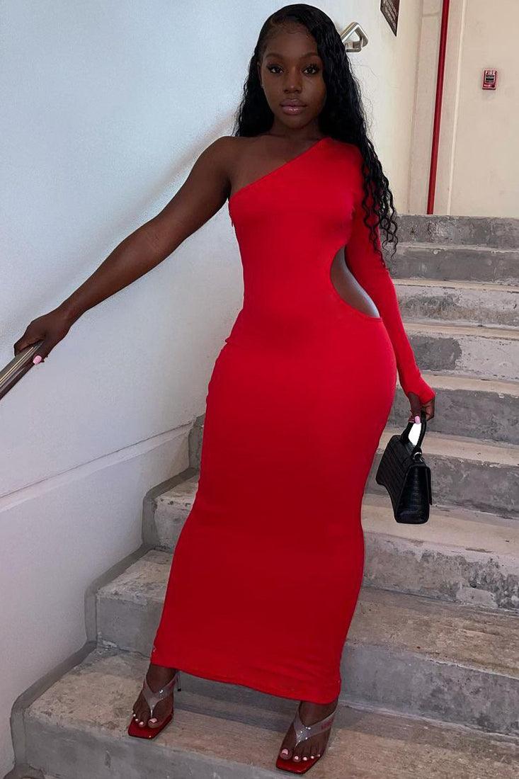 Red One Sleeve Cut-Out Full Length Maxi Stretchy Fitted Sexy Dress