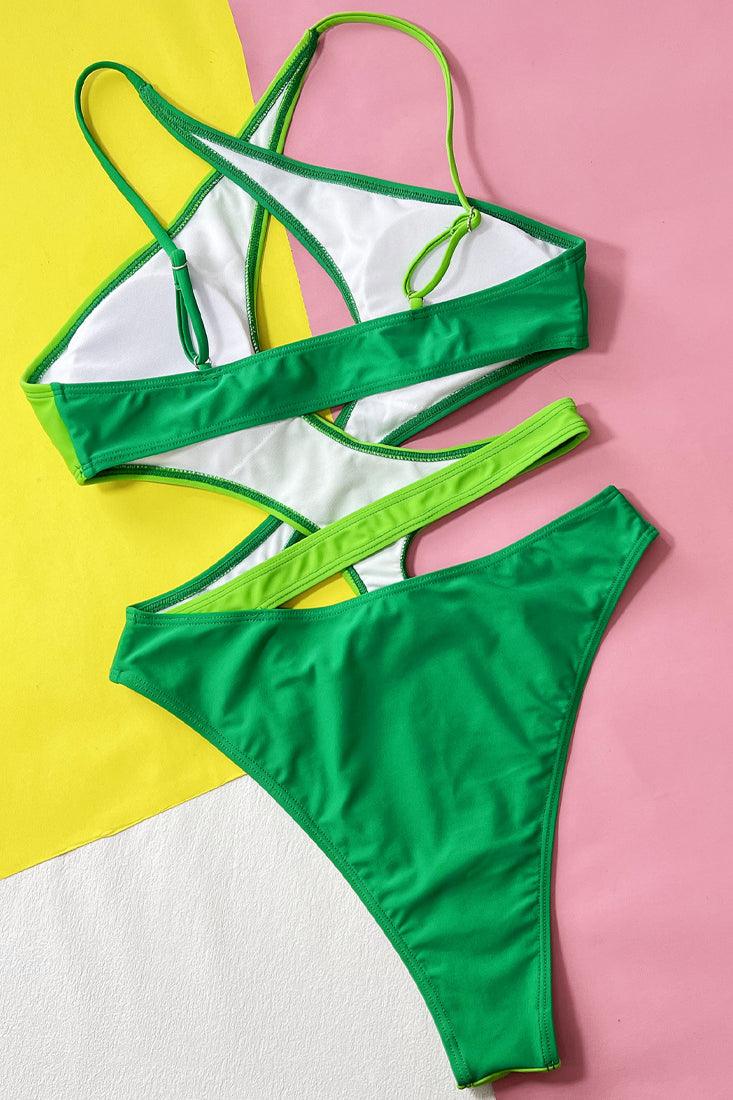 Green Color Block Cut-Out Halter High Cut Cheeky 1Pc Swimsuit Monokini