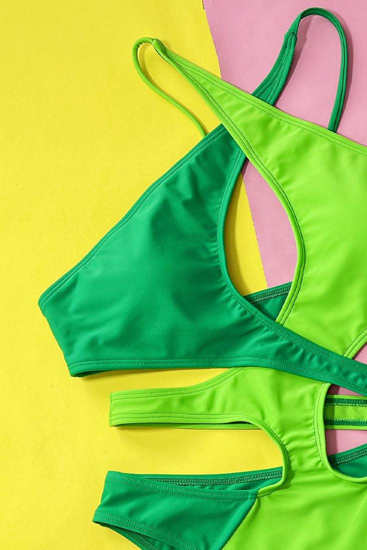 Green Color Block Cut-Out Halter High Cut Cheeky 1Pc Swimsuit Monokini - AMIClubwear