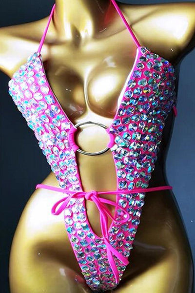 Hot Pink Rhinestones Covered Gem Plunging Strappy Ultra Sexy 1Pc Swimsuit Monokini