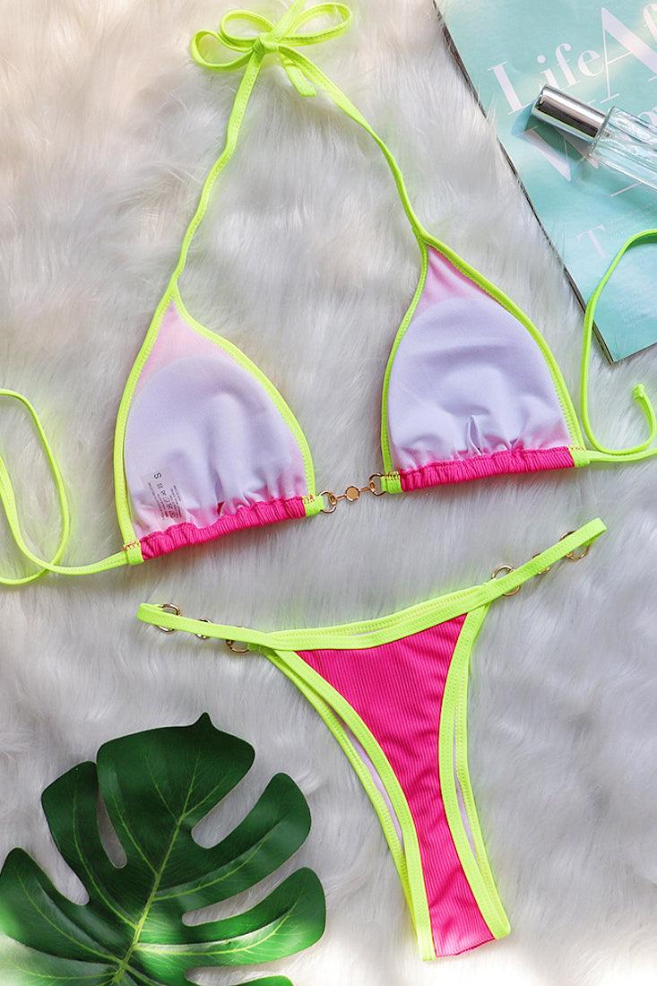 Pink Lime Piping Pearl Buckle Triangle Thong Ultra Sexy 2Pc Swimsuit Bikini Set - AMIClubwear