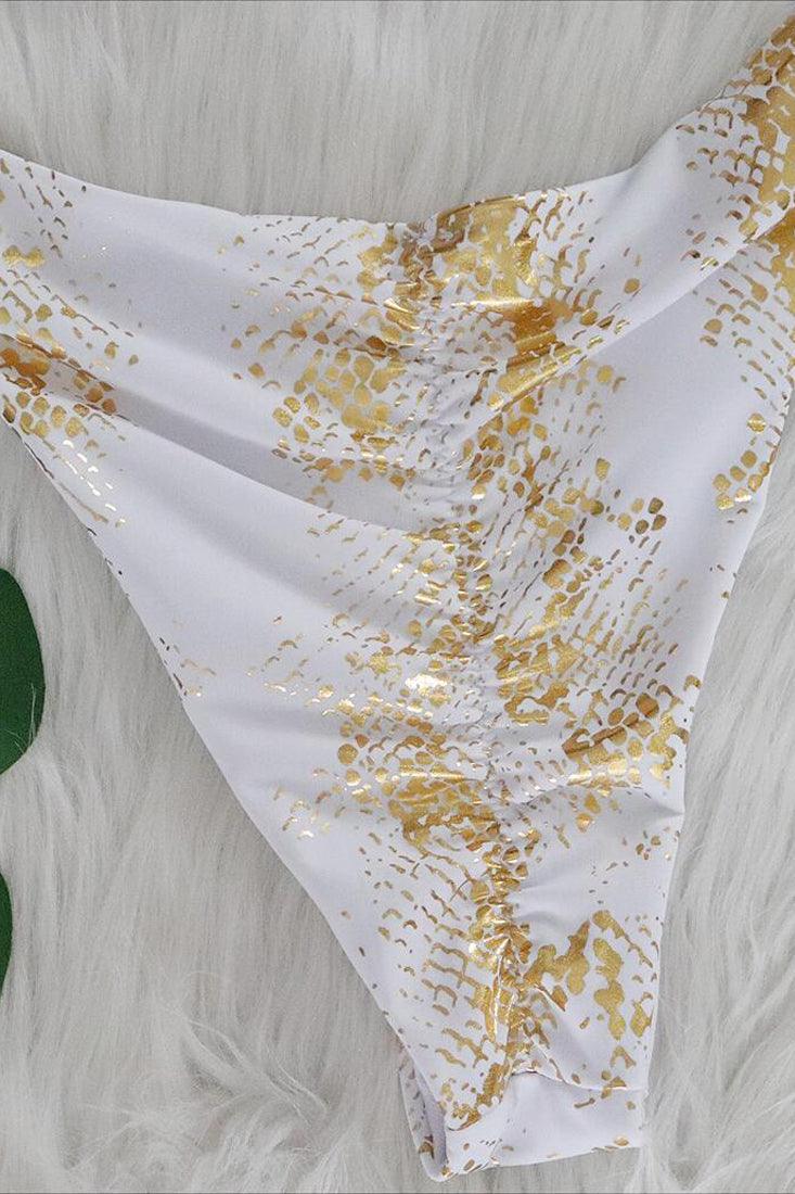 White Gold Foil Snake Print Rhinestone Triangle Cheeky Ruched Butt 2Pc Swimsuit Set Bikini