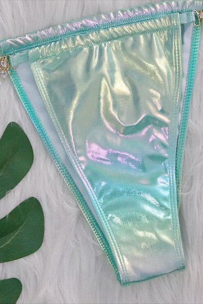 Green Holographic Rhinestone Starfish Strappy Draw String Cheeky 2Pc Swimsuit Set Bikini