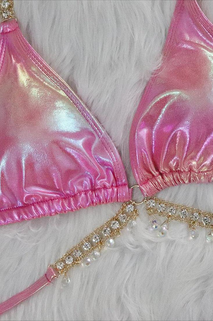 Pink Holographic Rhinestone Starfish Strappy Draw String Cheeky 2Pc Swimsuit Set Bikini