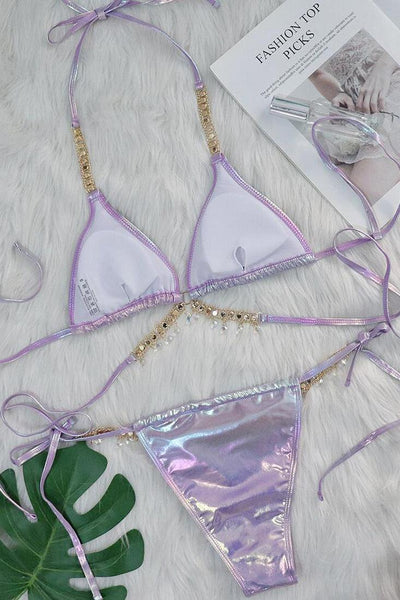 Purple Holographic Rhinestone Starfish Strappy Draw String Cheeky 2Pc Swimsuit Set Bikini - AMIClubwear